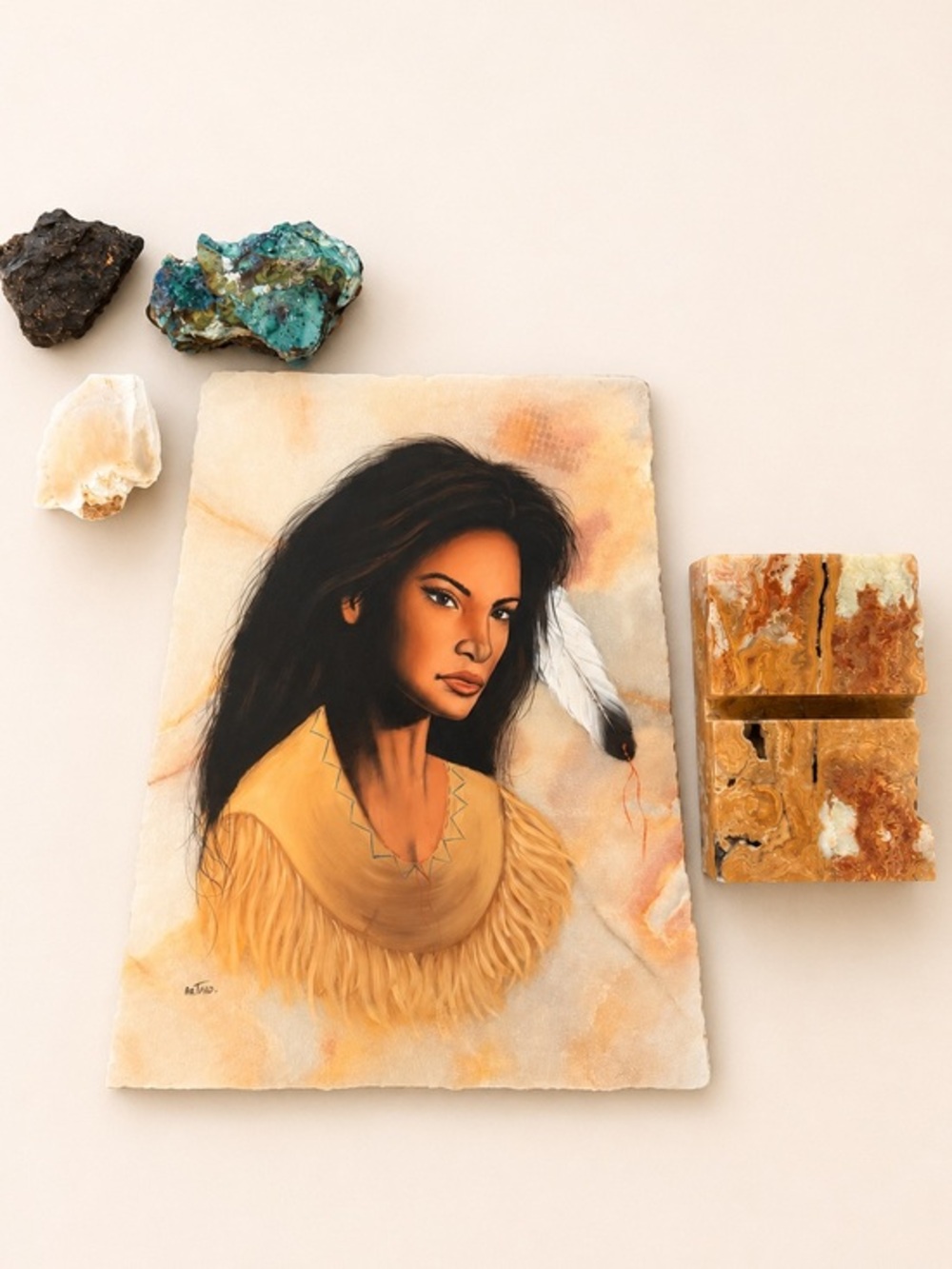 Rare Handmade Native Portrait Stone Art Plaque With Stand
